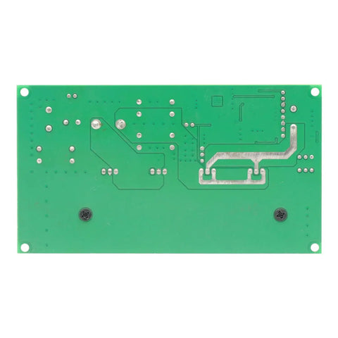 Back view of Heavy Duty 600W Adjustable Buck Converter Module From 12V To 80V Down To Two Point Five Volt With 20A Output And LED Display Easy Readout For DIY Projects RC Hobby Battery Chargers And Solar Setups, showing circuit design on green board.