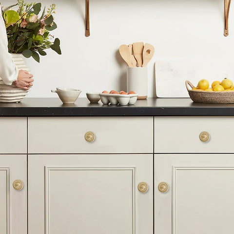 2 Pack 2.5 Inch Brushed Brass Cabinet Knobs With Vintage Backplates installed on kitchen cabinets