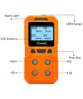 Portable Four Gas Monitor Detector For CO H2S O2 And EX Gas with clip case; bright orange with labeled parts displayed.