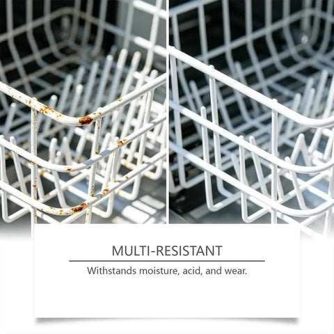 Slick Dishwasher Rack Repair Coating 30 Ml White Touch Up Paint applied to rusted metal dishwasher rack for repairs.