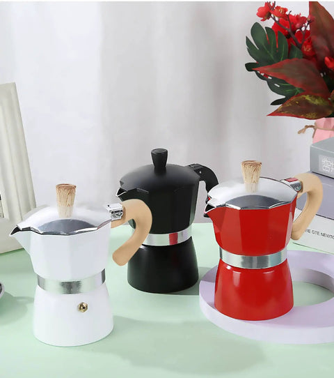 Three moka pots in white, black, and red with wood-grain handles, suitable for Turkish coffee lovers, outdoor use, around 300ml each.
