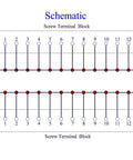 Schematic diagram of Heavy Duty Screw Terminal Block Distribution Box Module 30A 300V 2x12 Positions with expansion capability for modules.