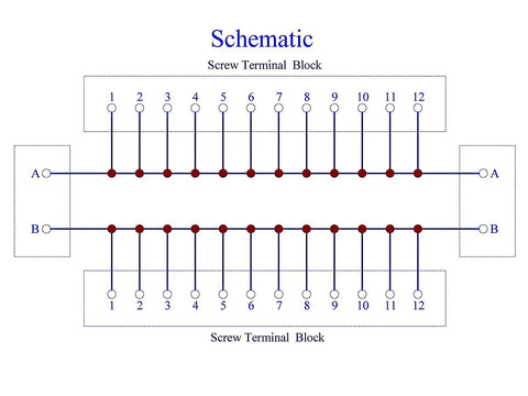 Schematic diagram of Heavy Duty Screw Terminal Block Distribution Box Module 30A 300V 2x12 Positions with expansion capability for modules.