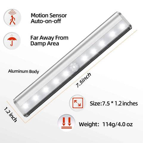 6 Pack Motion Sensor Lights For Closets And Stairs, 10 LED Battery Operated Night Lights, showing dimensions and features.
