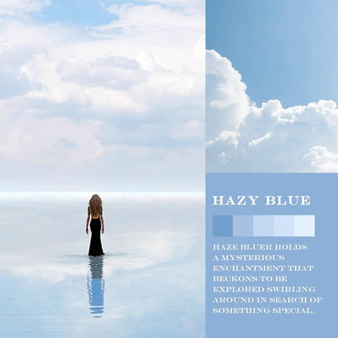 Person in black dress stands on reflective water with clouded sky background in haze blue theme