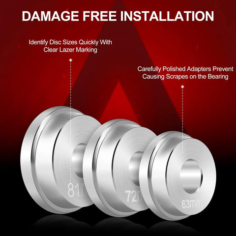 Set of polished adapters showing disc sizes for 10 Piece Bearing Press Kit With Seal Driver And 9 Adapters For Fast Safe Seal And Bearing Installations In Auto Axles Gearhead Ready Pro Grade Tool Set For DIY Mechanics.