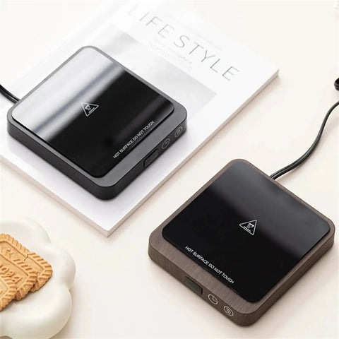 20W Adjustable Mug Warmer in matte black and wood finish on a desk, keeping beverages hot while working.