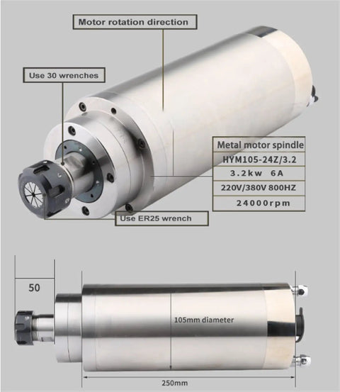 3.2 kW Water Cooled Spindle Motor With ER25 Chuck And 4 Hole Aerial Plug, 105 mm Diameter, 24000 RPM, 380 V, 6 A, showing dimensions