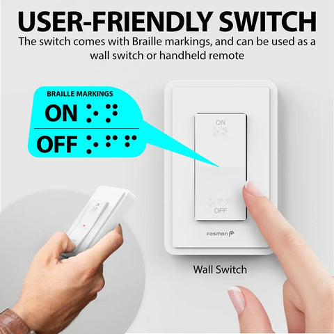 User interacting with Wireless Remote Outlet Switch Set (2 Pack) No Wiring, Plug In Wall Switch For Lamps, Lights, And Fans, ETL Listed 15A 125V 1875W, Braille On Off Mark, Expandable, Easy Peasy Setup featuring Braille markings.