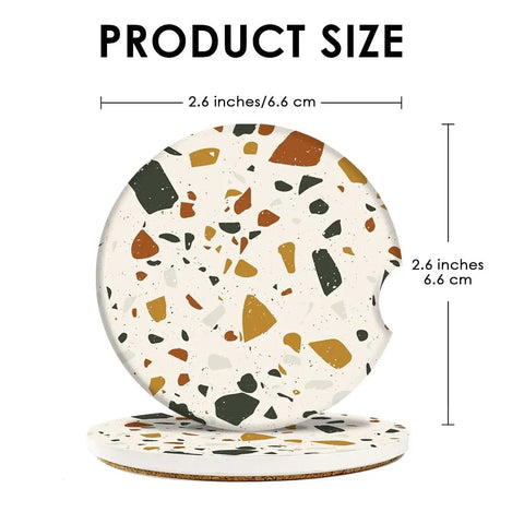 Colorful Marble Cork Base Car Coasters Set 2 Pack 2.56 Inches Universal Cup Holder Fit Absorbent Terrazzo Ceramic Stone Coasters
