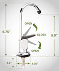 Top Shelf One Handle Low Arc Chrome Faucet For Countertop With Lead Free Drinking Water Flow showing height and installation dimensions.
