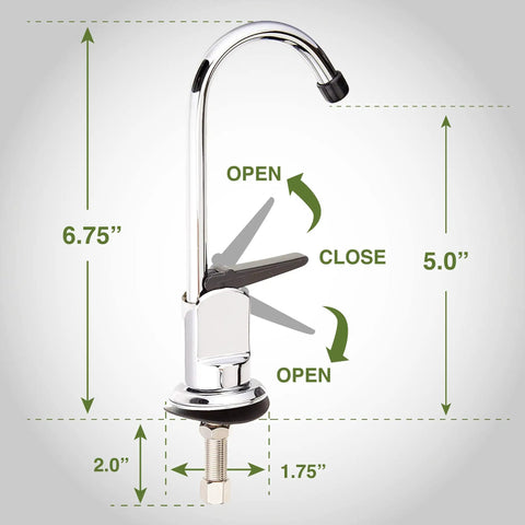 Top Shelf One Handle Low Arc Chrome Faucet For Countertop With Lead Free Drinking Water Flow showing height and installation dimensions.