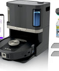 Robot Vacuum And Mop Combo With PowerDetect NeverTouch Pro Hands Free Self Emptying And Refill Self Clean Pad Wash And Dry 60 Day Capacity 30 Day Refill Tank Renewed RV2820ZE with smartphone app, cleaning accessories, and refill bottle.