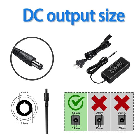 12 Volt LED Strip Power Supply 5 Amp 60 Watt Converter with 5.5 by 2.1 mm DC output plug and sizing diagram