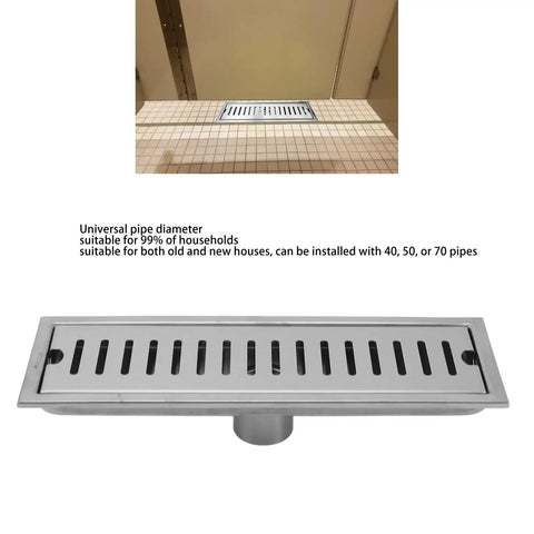 Close-up of Oreilet Linear Shower Drain 12 Inch Floor Drain with Hair Catcher, stainless steel, installed in bathroom floor.