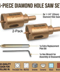 JIECHENG diamond hole saw set, 2-pack 1-1/4 cutters with pilot bits; includes replacement pilot bit and hex wrench