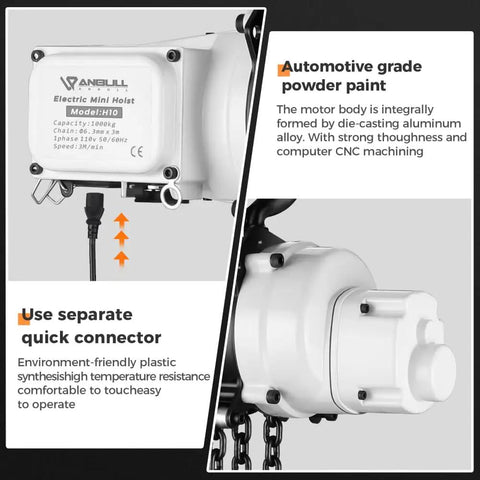 Beefy 2200lb Electric Lift Hoist for Garage Ceiling with connectors and CNC machined motor, close-up on features