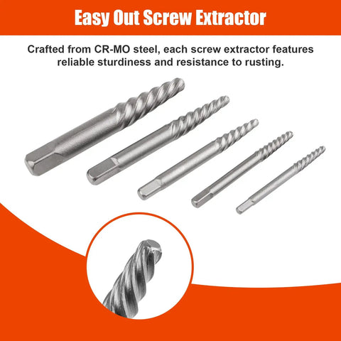 Go To 10 Piece Screw Extractor And Left Hand Drill Bit Set with Alloy Spiral Flutes Easy Out Fastener Remover Kit, extractors shown