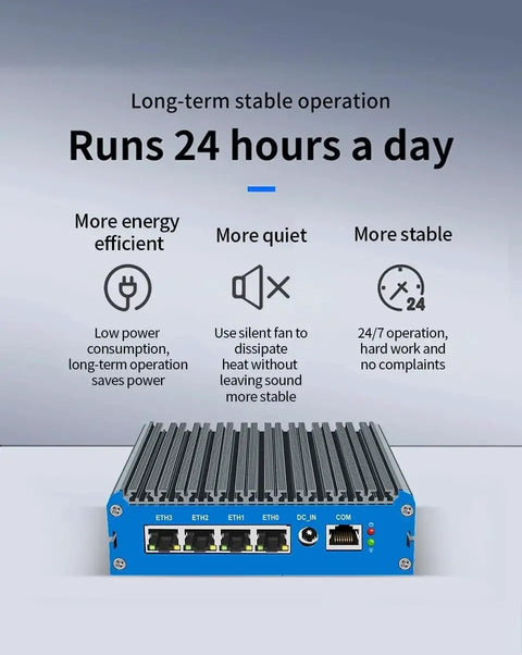 Fanless Barebones Mini PC With Intel N5105 Chip, Quad 2.5 Gigabit LAN, DDR4 Expansion, M2 NVMe Slot, ultra-quiet aluminum housing.