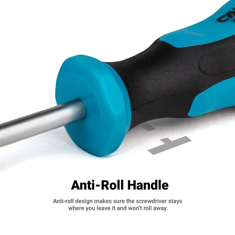 Close-up of Kontour Screwdriver Set 8-Piece anti-roll ergonomic handle showing the blue and black design.
