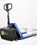 Heavy Duty Semi Electric High Lift Scissor Pallet Jack 3300 Lbs Capacity with details on fork height and width.