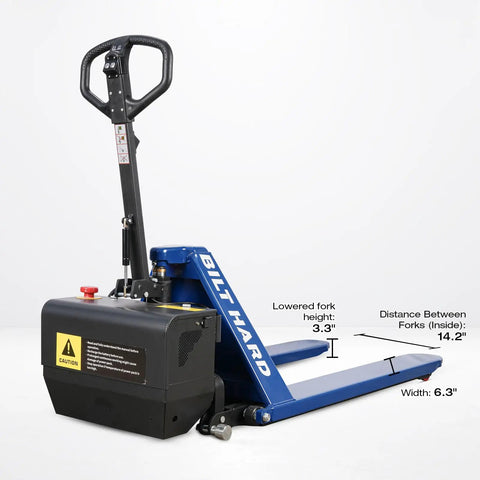 Heavy Duty Semi Electric High Lift Scissor Pallet Jack 3300 Lbs Capacity with details on fork height and width.