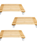 Three Pack Bamboo Plant Caddies With Rolling Wheels, 12 Inch Square Plant Stands On Universal 360 Degree Rotating Dollies