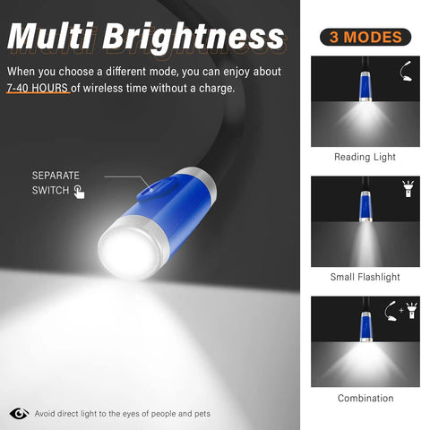 Rechargeable LED Neck Reading Light With 3 Brightness Levels, Flexible Soft Silicone Arms, Hands Free For Reading In Bed, Crafting And Knitting, Eye Friendly, Ultra Comfortable, Long Lasting Battery For Late Night Pages