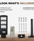 90W Solar Street Light Outdoor Wire Free 9000 Lumen Waterproof LED Flood Light With Motion Sensor Dusk To Dawn Security Night Light Wall Or Pole Mount Exterior Solar Lamp With Bracket, accessories included, featuring remote, bracket, and bolts.