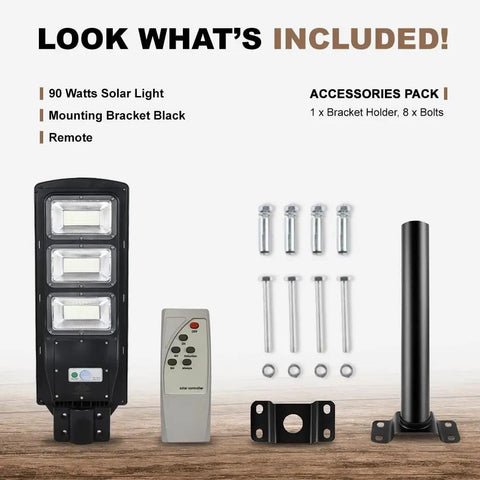 90W Solar Street Light Outdoor Wire Free 9000 Lumen Waterproof LED Flood Light With Motion Sensor Dusk To Dawn Security Night Light Wall Or Pole Mount Exterior Solar Lamp With Bracket, accessories included, featuring remote, bracket, and bolts.
