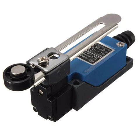 Close-up of a 3 Pack ME-8108 Momentary Roller Lever Limit Switch for CNC mills, lasers, plasma cutters; zinc alloy body, rotary arm visible