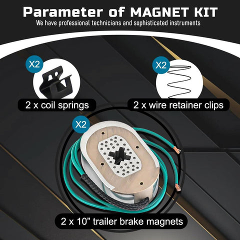Front view of trailer brake magnet kit with two 10-inch magnets, coil springs and wire retainer clips for 3500 lb axles
