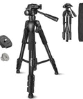Ultimate Laser Level Tripod With 56 Inch Extendable Height For Line And Point Lasers One Quarter Inch And Five Eighth Inch Thread Mount Quick Release Plate Multi Function Hook Non Skid Feet Ideal For Laser Distance Measures And Cameras TPD14, black tripod with carry bag