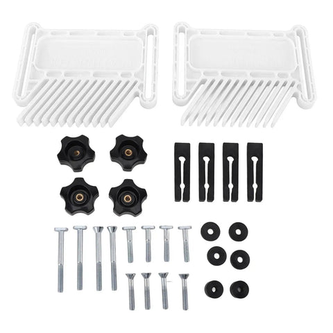 Adjustable Woodworking Featherboard To Pin Boards Dead Tight On Router Tables And Table Saws For Better Control And Nasty Kickback Prevention In Slick White Durable Plastic parts kit including white featherboards, black knobs, and metal screws.