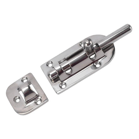 316 Stainless Marine Cabinet Lock Latch Sliding Kit With Polished Mirror Finish for Boats and RVs, shown with bolt extended.