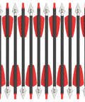 Twelve Eight Inch Carbon Crossbow Bolts with Red Vanes and Steel Broadhead Tips for Hunting and Target Practice, in a row.