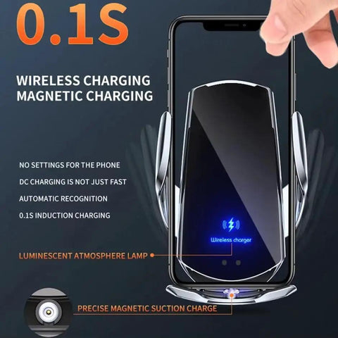 Hella Fast Auto Clamp Wireless Car Phone Charger With Instant Sensor Grip And Solid Magnetic Vent Mount, showing fast induction charging feature.