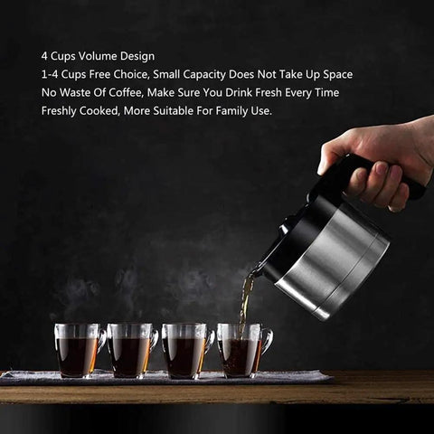 Pouring coffee from a portable espresso machine into four cups, showing compact design for efficient home or office use.