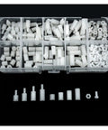 White Nylon Hex Standoff Spacer Set With Male Female Threading For Motherboard PC Support Hella Solid Thermal Insulating Hardware in storage box.