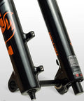 Close-up of the 36 Float 27.5 Grip 2 Factory Boost Fork With Kashima Coating, 160mm Travel, 37mm Rake For Mountain Bikes, Black Finish.
