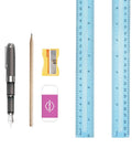 30 Pack Clear Plastic Rulers Bulk Value Set, 12 Inch with Inches and Centimeters alongside pen, pencil, sharpener, and eraser