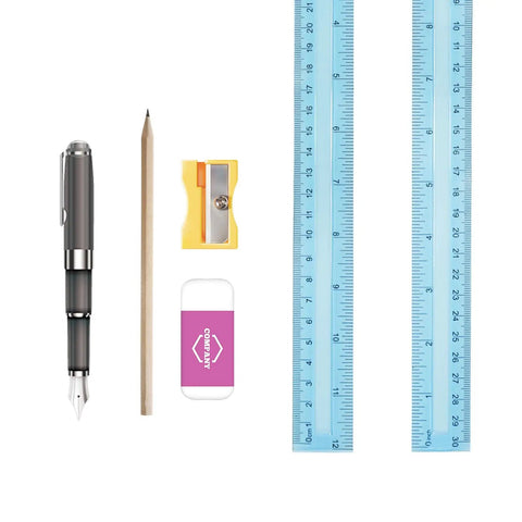 30 Pack Clear Plastic Rulers Bulk Value Set, 12 Inch with Inches and Centimeters alongside pen, pencil, sharpener, and eraser