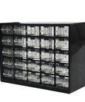 Plastic 25-Drawer Parts Storage Organizer Box for Small Hardware and Craft Components, visible in durable black cabinet.