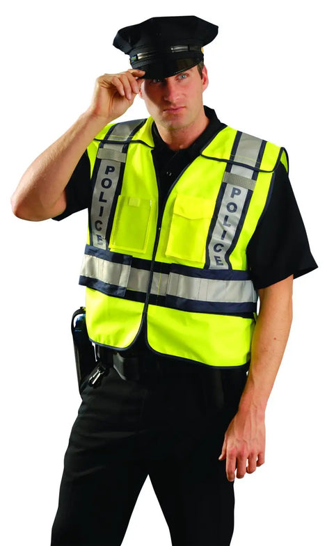 Police officer wearing High Visibility Public Safety Vest With Adjustable Fit, Yellow, XL To 2XL, Premium Reflective Vest Featuring 3M Scotchlite.