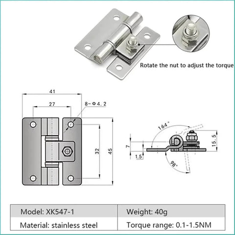 Stainless Steel Torque Door Hinge With Friction Damping Free Stop For Precise Positioning Smooth Self Close Function XK548 1 Piece Hinge For Doors Ideal For Interior And Exterior Doors No Fuss Install, shown with dimensions and adjustment details.
