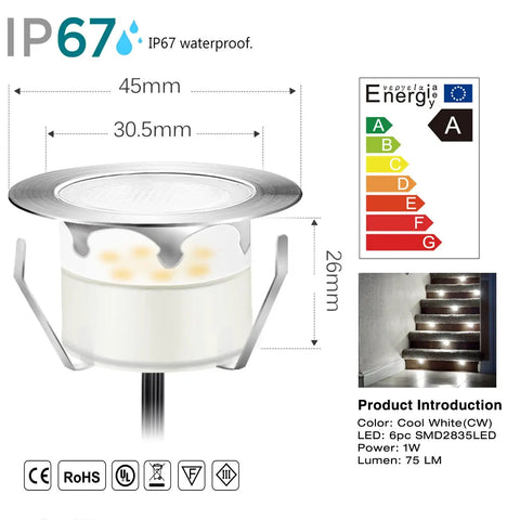 Outdoor Low Voltage Deck Lights 20 Piece Set Stainless Steel Waterproof Landscape Pathway Patio Step Lamps illustrated with dimensions.