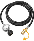12Ft Quick Connect Propane Hose With Regulator For Heaters And Outdoor Gear 3 Eighths Inch Quick Connect To QCC1 Tank Connection Adapter Hose Replacement For Big Buddy Style Heaters Indoor Or Outdoor Use, coiled and showing metal fittings and black hose.
