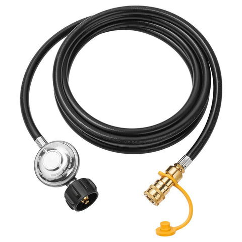 12Ft Quick Connect Propane Hose With Regulator For Heaters And Outdoor Gear 3 Eighths Inch Quick Connect To QCC1 Tank Connection Adapter Hose Replacement For Big Buddy Style Heaters Indoor Or Outdoor Use, coiled and showing metal fittings and black hose.