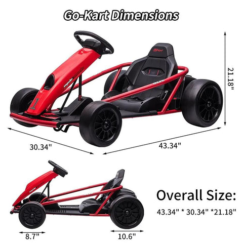 Red 24V Dual Motor Ride On Go Kart for Kids with Two 300W Motors 8 MPH Electric Toy Car featuring safety seat and dimensions shown