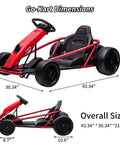 Red Turbocharged Dual 300W Motors 24V Go Kart dimensions for kids 8 to 12, 9Ah battery, max speed 8.1 MPH, outdoor toy
